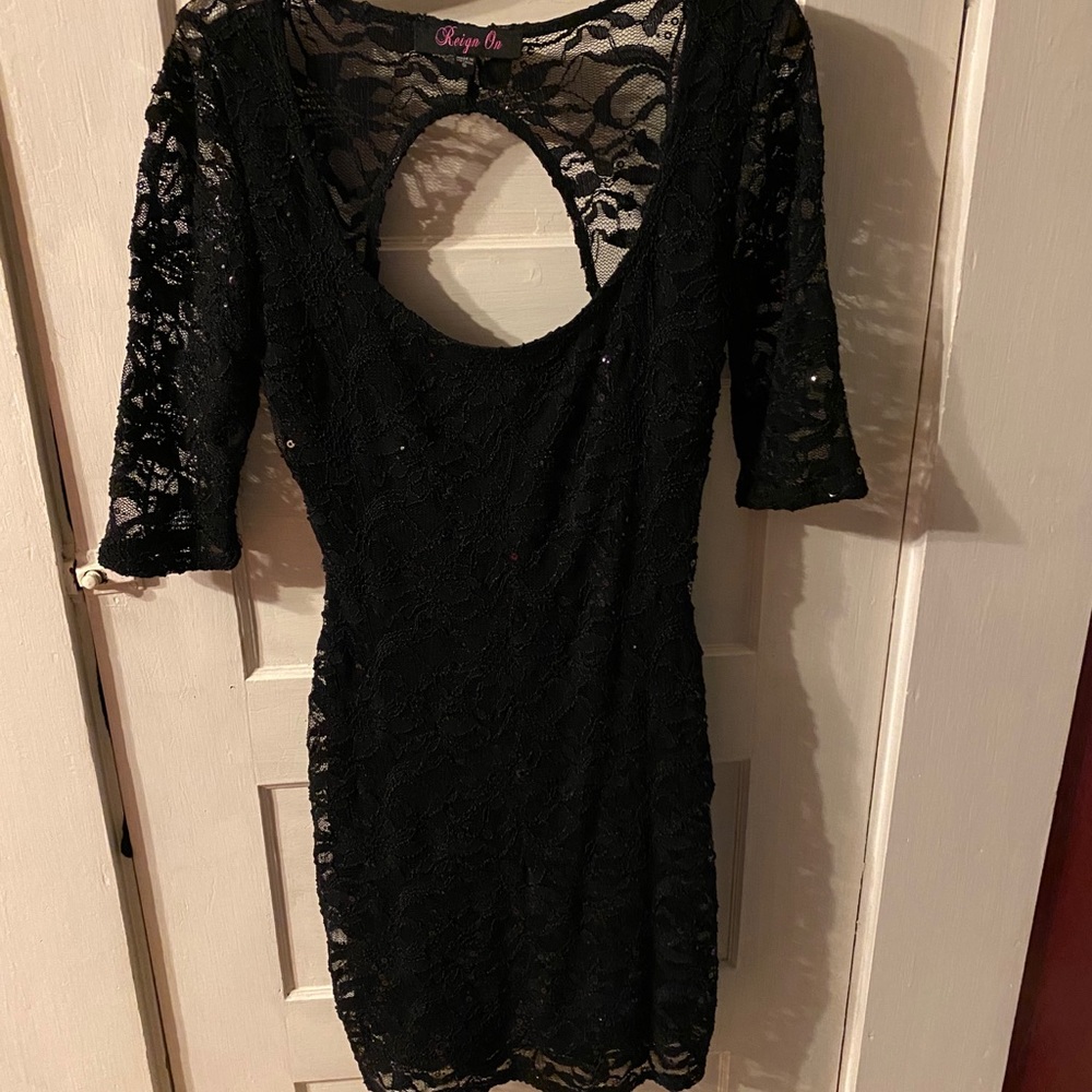 Black lace open back dress